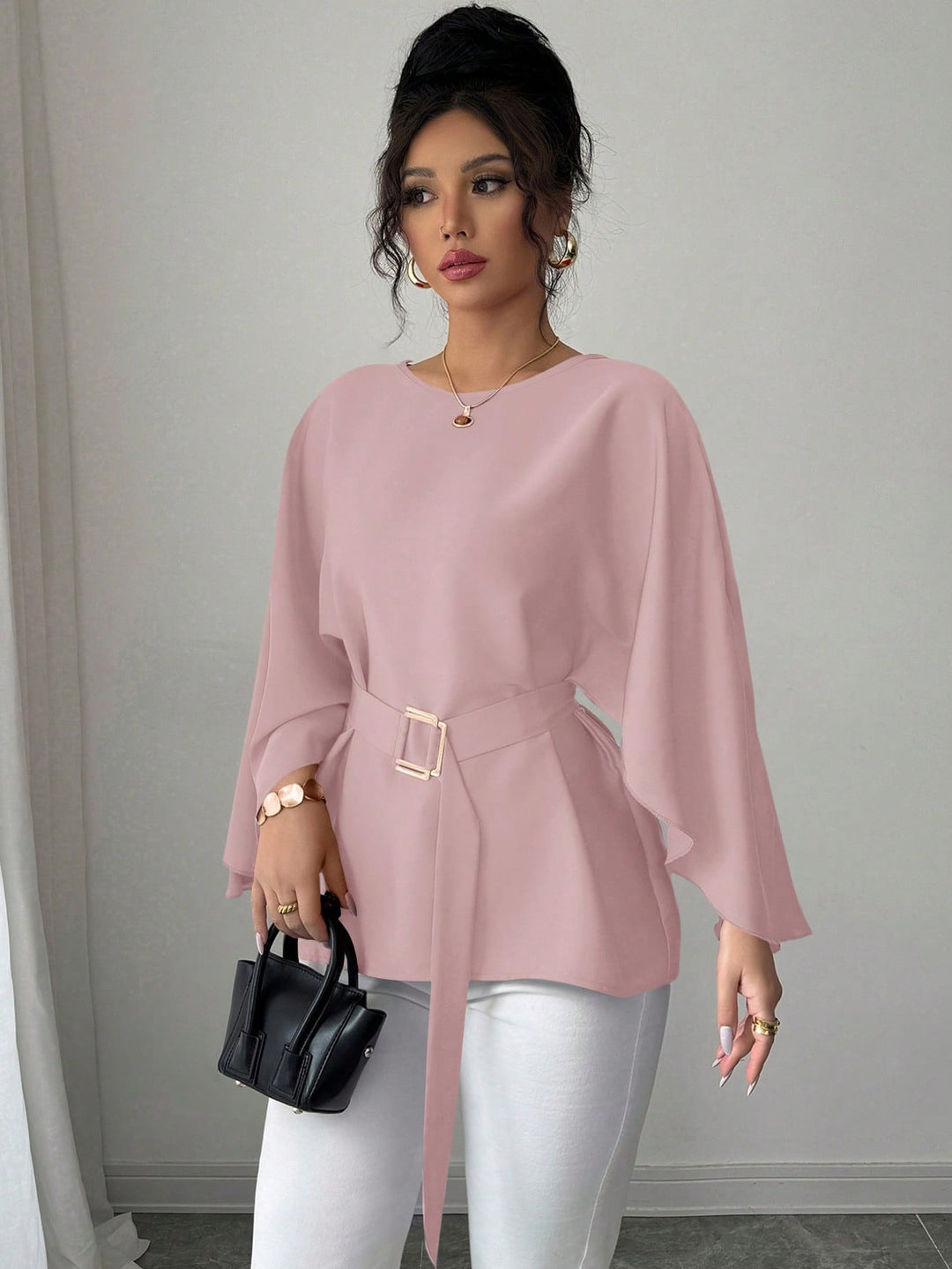 Damen Elegante Chiffon-Tunika mit Cape-Ärmeln und Taillengürtel Shop Nory
