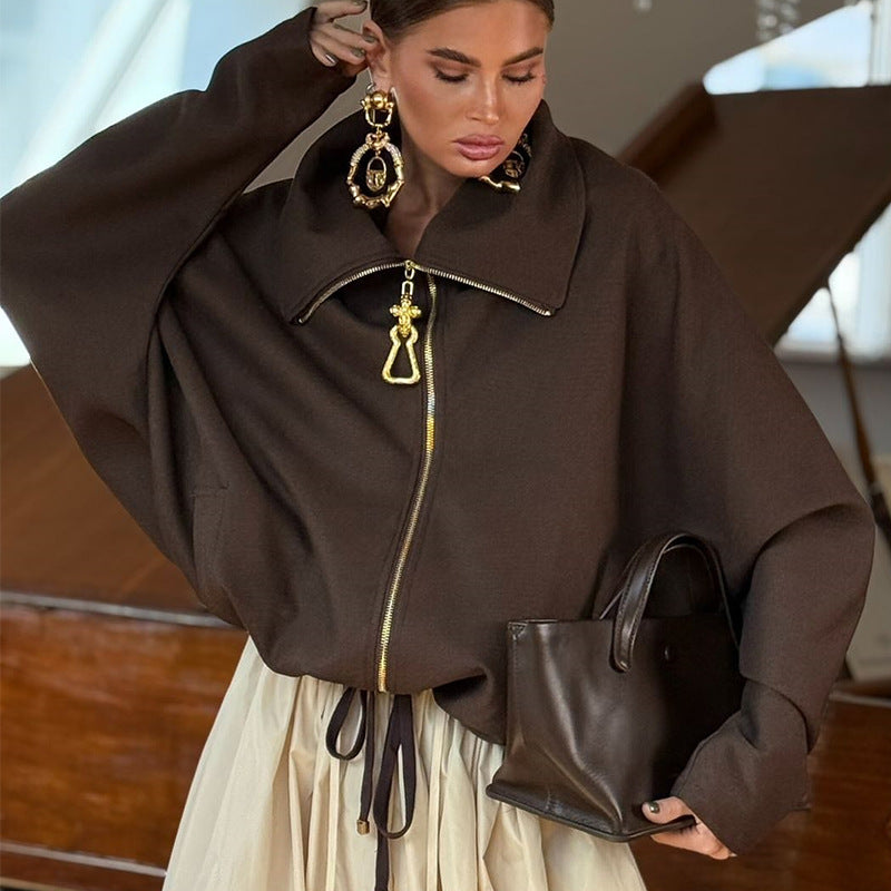 Damen Lässige Oversize-Jacke mit hohem Kragen und Reißverschluss