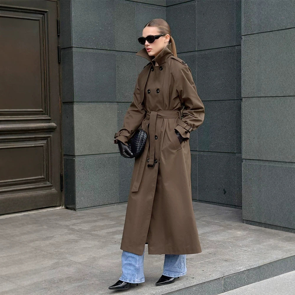 Damen Lang geschnittener wasserabweisender Trenchcoat mit hohem Stehkragen und Taillengürtel Shop Nory