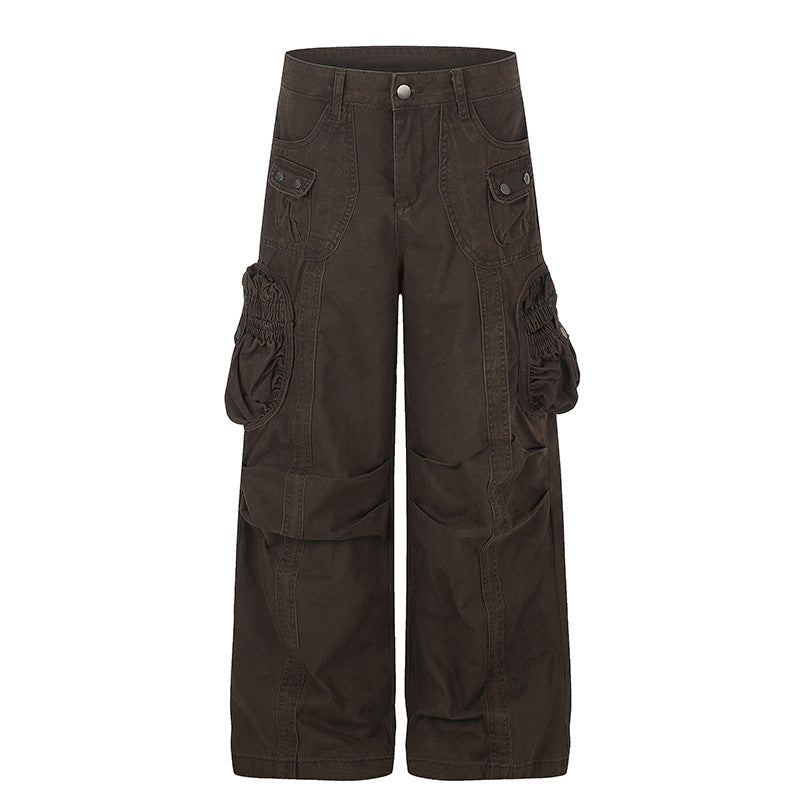 Damen weite Utility-Cargohose mit gerafften Seitentaschen und Ziernähten Shop Nory