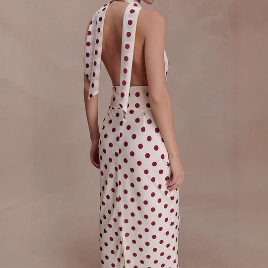 Damen Halter-Maxi-Kleid mit klassischen Punkten Shopnory