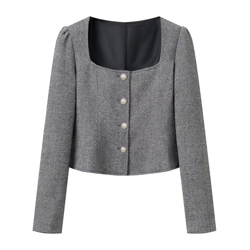 Damen Kurzblazer mit Fischgrätstruktur, eckigem Ausschnitt und Zierknöpfen Shop Nory