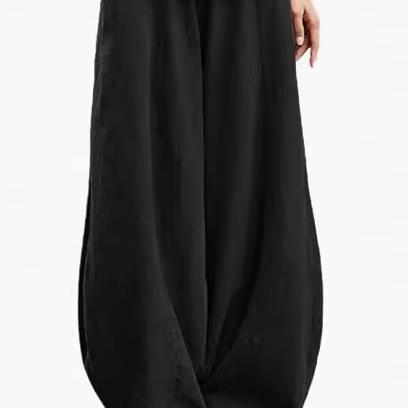 Damen weite Leinenhose mit elastischem Bund und praktischen Taschen