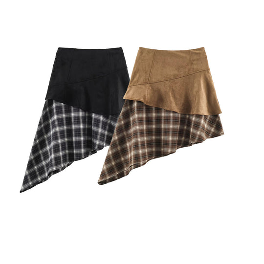 Damen Asymmetrischer Lagenrock mit Kunstleder-Oberschürze und kariertem Chiffon-Volant Shop Nory