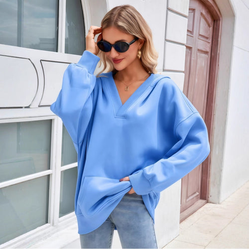 Damen Oversize V-Ausschnitt Hoodie mit Kapuze, Kängurutasche und verlängertem Saum Shop Nory
