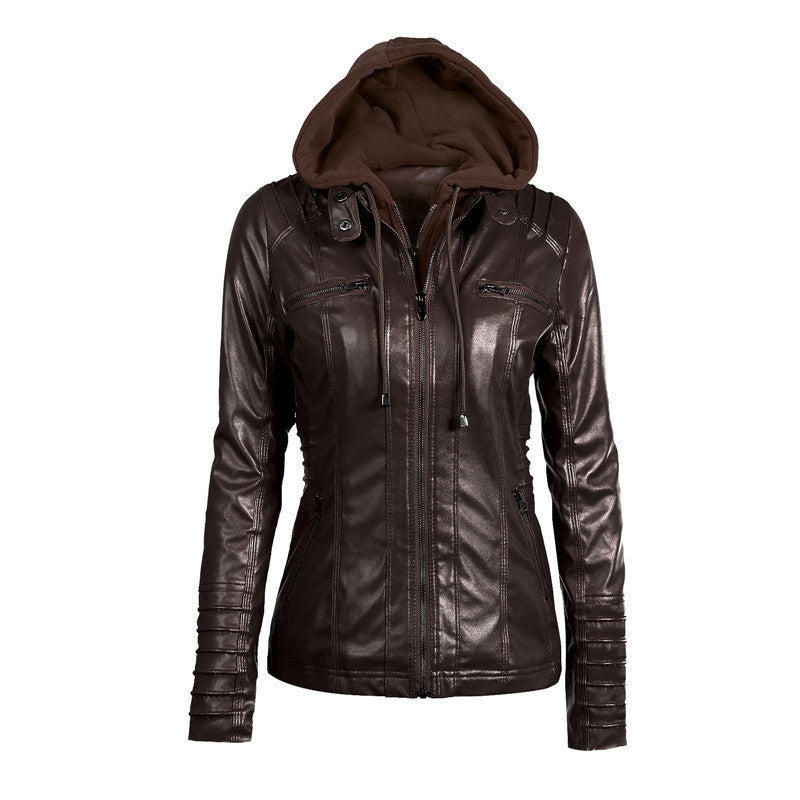 Damen Slim-Fit Kunstlederjacke mit Kapuze, Steppärmeln und Reißverschlusstaschen Shop Nory