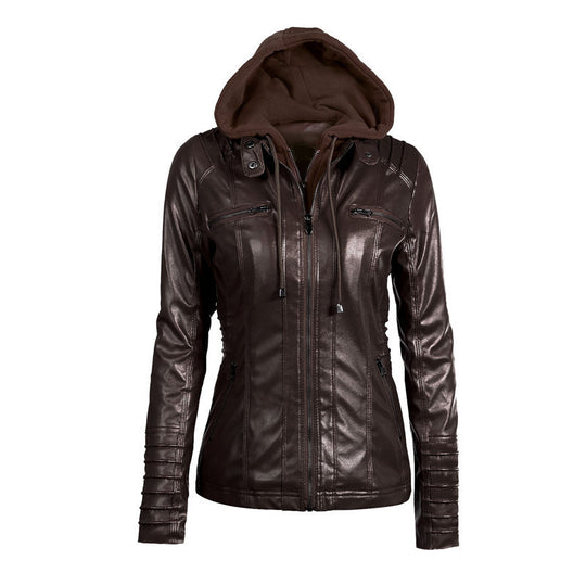 Damen Slim-Fit Kunstlederjacke mit Kapuze, Steppärmeln und Reißverschlusstaschen Shop Nory