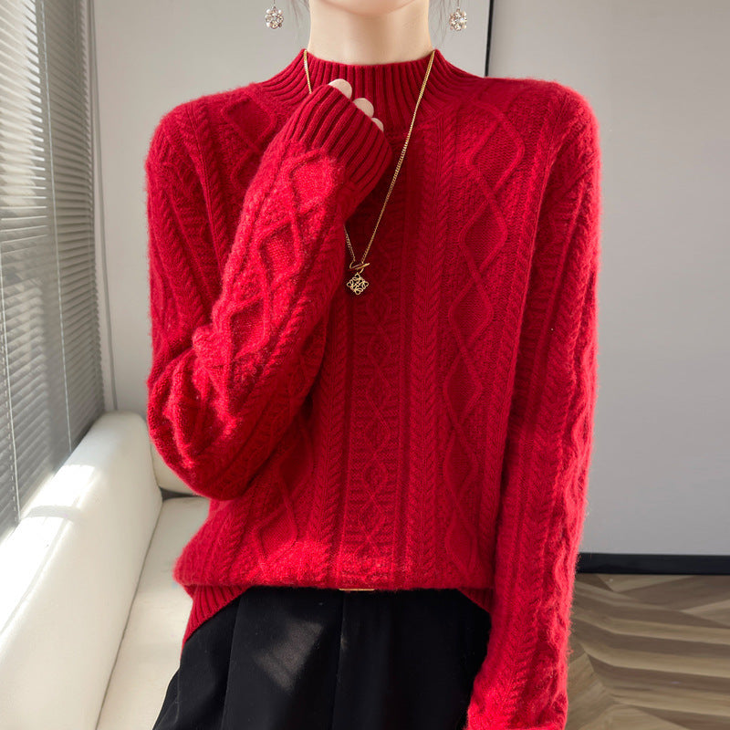 Damen Kuscheliger Mohair‑Optik Mockneckpullover mit Rautenzopfstruktur und kastiger Silhouette Shop Nory