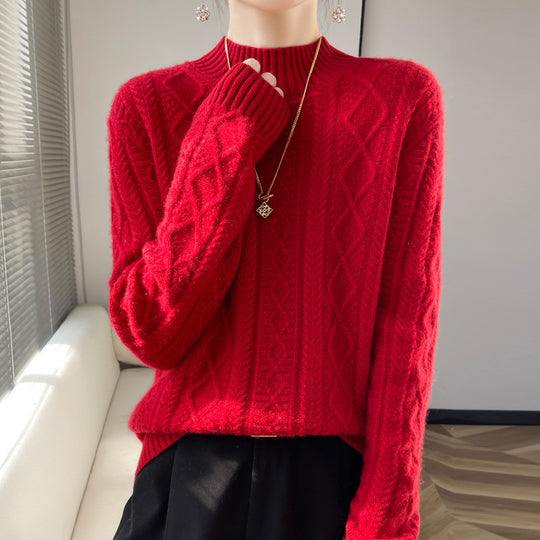 Damen Kuscheliger Mohair‑Optik Mockneckpullover mit Rautenzopfstruktur und kastiger Silhouette Shop Nory