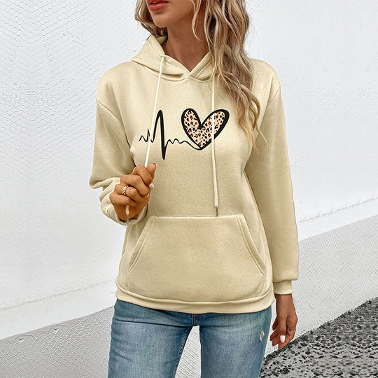 Damen Kapuzenpullover mit Herz‑EKG‑Print, Kängurutasche und lockerer Passform Shop Nory