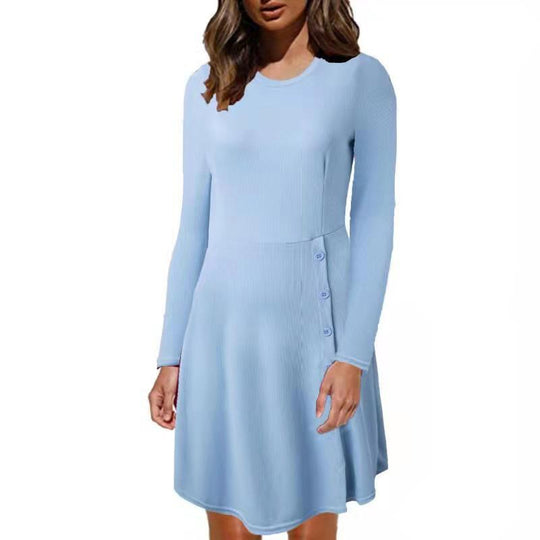 Damen Geripptes A‑Linien Kleid mit Rundhalsausschnitt, langen Ärmeln und seitlicher Knopfleiste Shop Nory