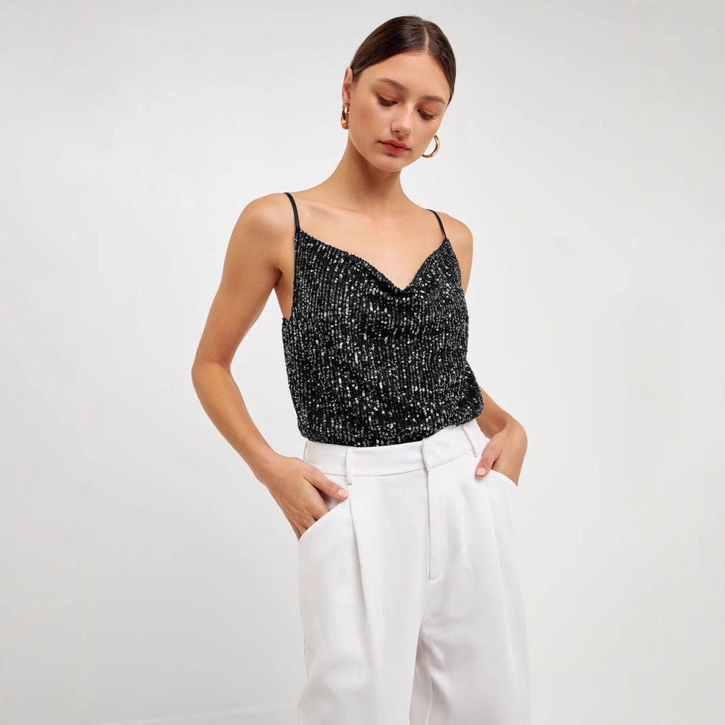 Damen Glitzerndes Spaghettiträgershirt mit V-Ausschnitt