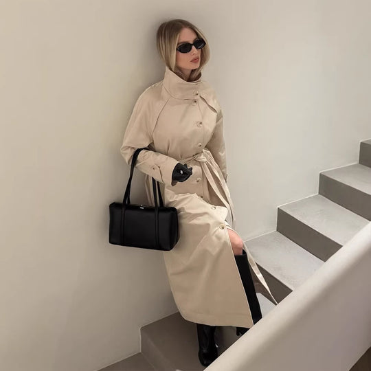 Damen Maxilanger Trenchmantel mit hohem Stehkragen, doppelreihiger Knopfleiste und Bindegürtel Shop Nory
