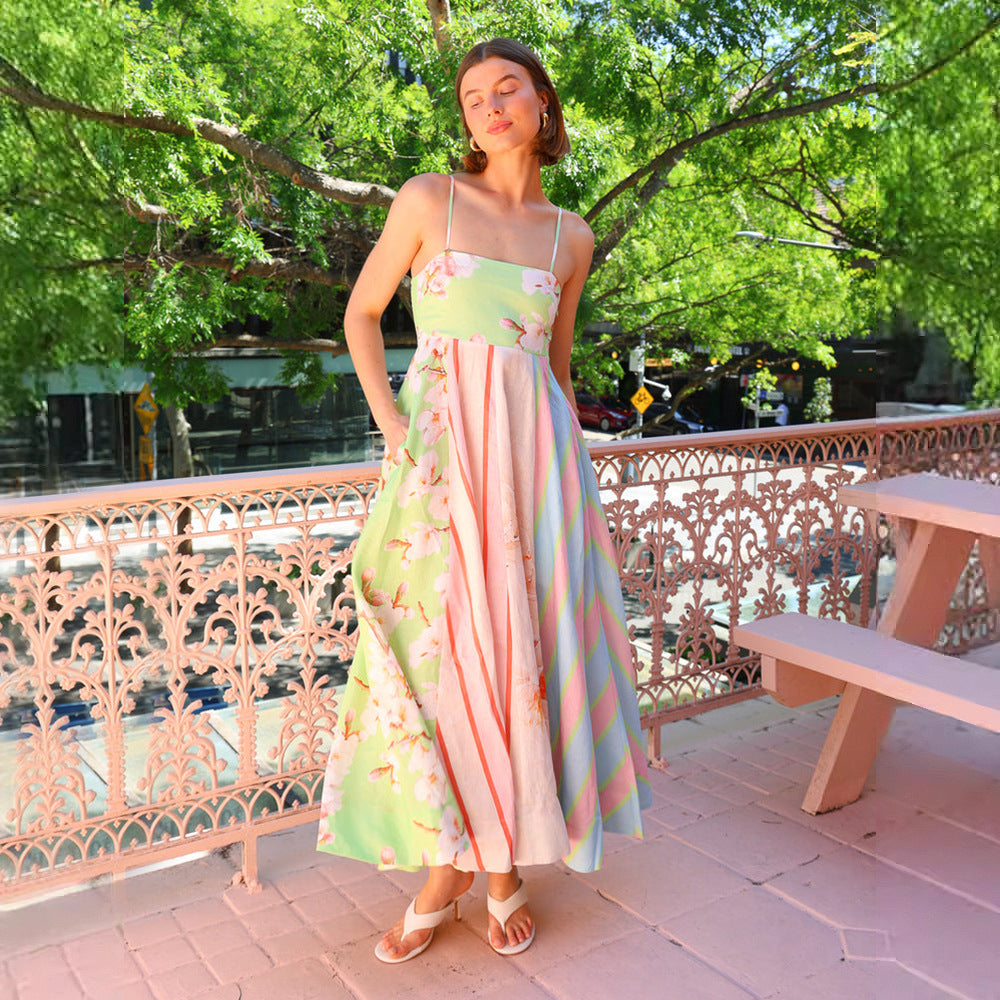 Damen Maxikleid mit floralem und gestreiftem Design