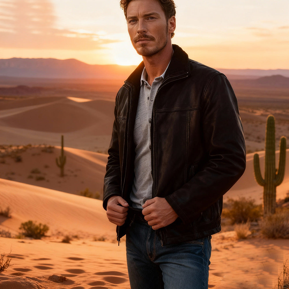 Herren Kurze Wildleder-Fieldjacke mit Stehkragen, verdecktem Reißverschluss und markanten Ziernähten Shop Nory