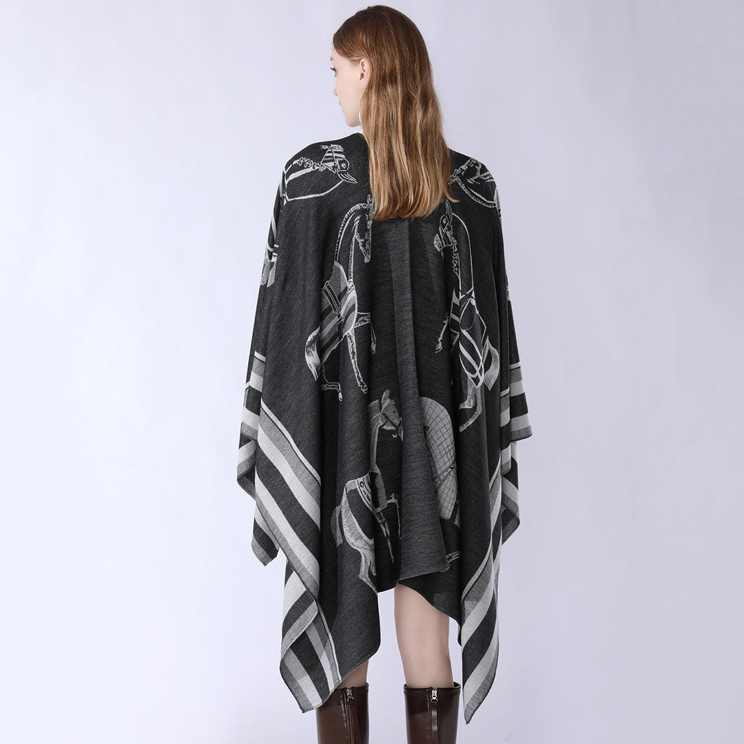 Damen Jacquard-Poncho-Überwurf mit Pferde-Motiv und kastiger Kimono-Silhouette Shop Nory