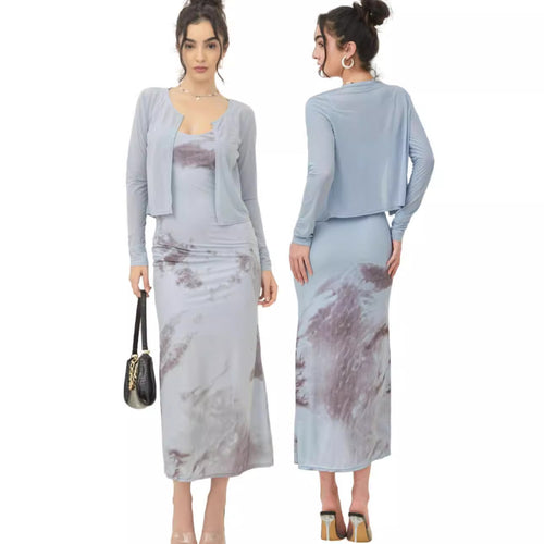 Damen Zweiteiliges Maxikleid-Set mit tailliertem Slipkleid und kurzem Langarm-Cardigan Shop Nory