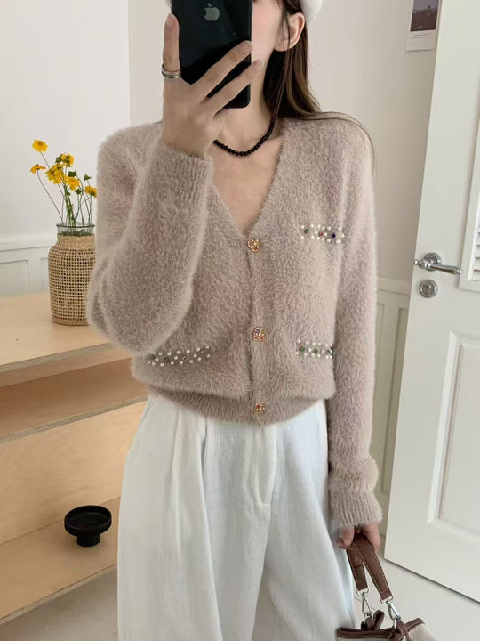 Damen Verspielter V-Ausschnitt Cardigan mit Perlen Shop Nory