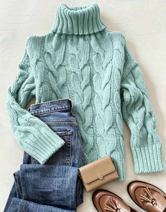 Damen Grobstrick-Rollkragenpullover mit markanten Zopfmustern und gerippten Bündchen Shop Nory