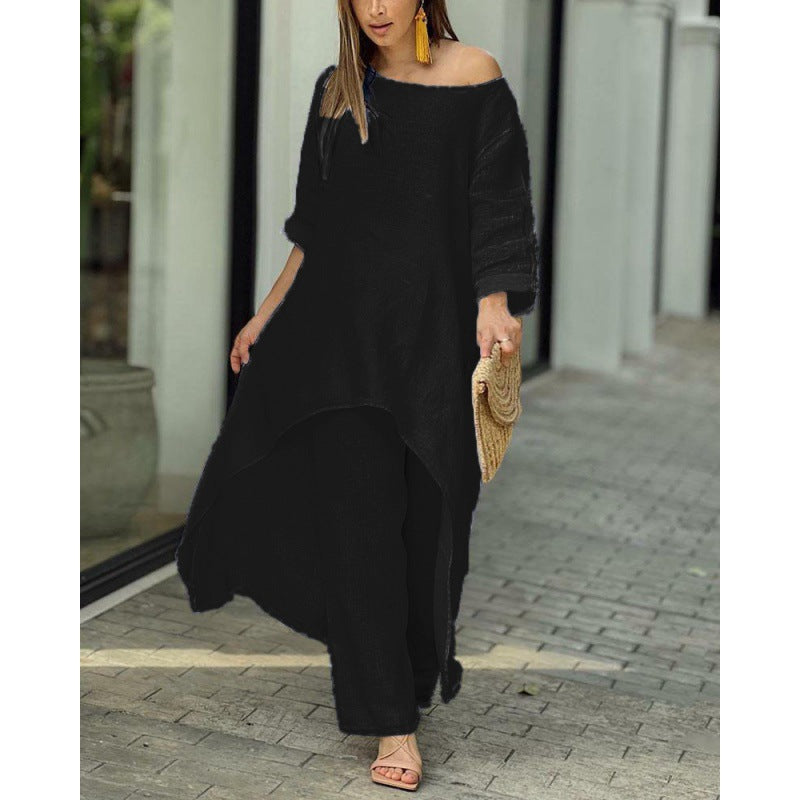 Damen Leichtes Leinen-Zweiteiler mit asymmetrischer High-Low-Tunika und weiter Palazzo-Hose Shop Nory