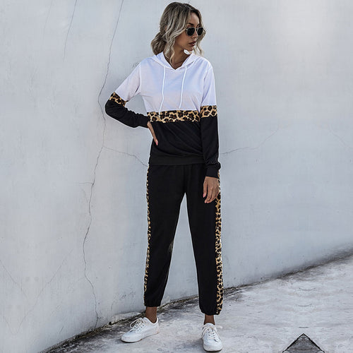 Damen zweiteiliger Jogginganzug mit Kapuze und Leopardenbesatz Shop Nory