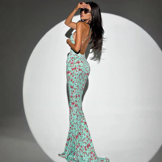 Damen figurbetontes Blumen-Maxikleid mit Spaghettiträgern und elegantem Schnitt Shopnory