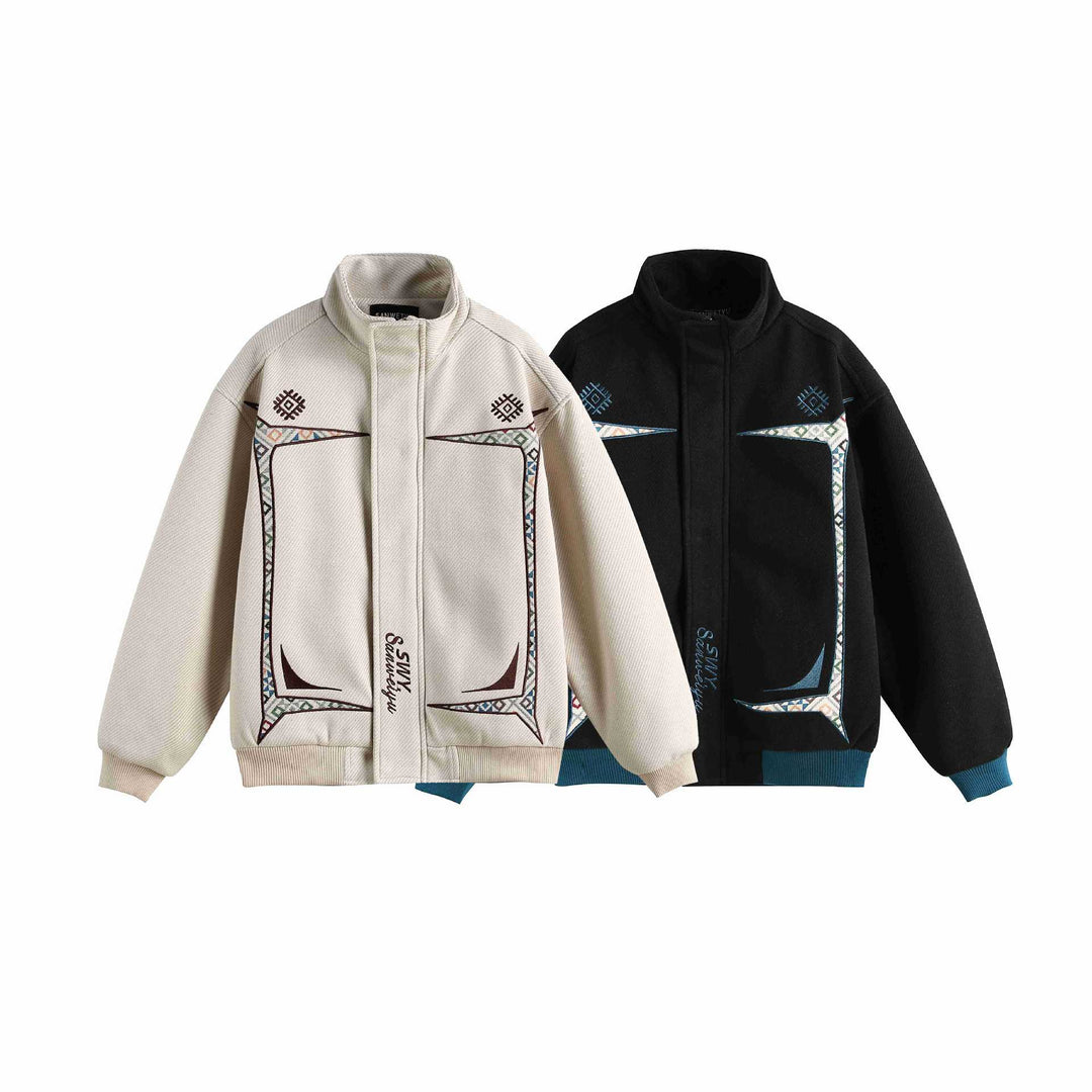 Damen Leichte Stehkragen-Jacke mit folkloren Stickapplikationen und gerippten Bündchen Shop Nory