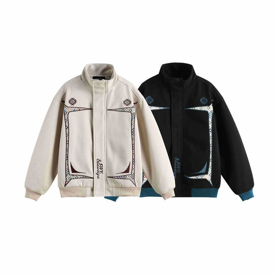 Damen Leichte Stehkragen-Jacke mit folkloren Stickapplikationen und gerippten Bündchen Shop Nory