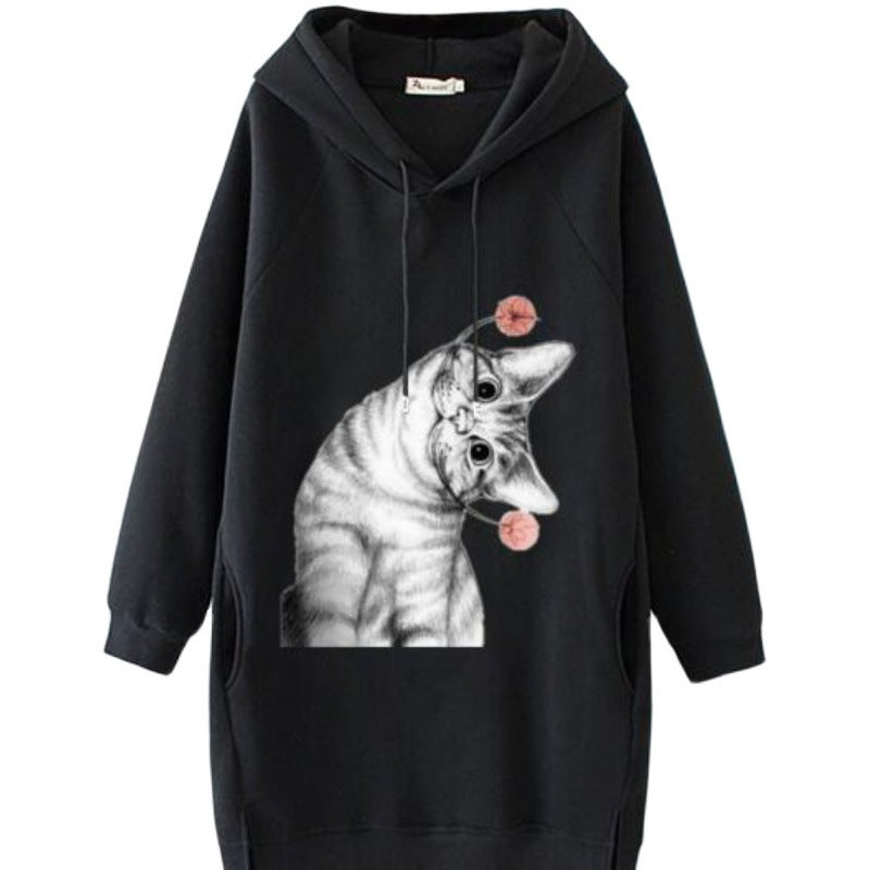 Damen Oversize Kapuzenkleid aus Sweat mit großem Katzenprint und Seitentaschen Shop Nory
