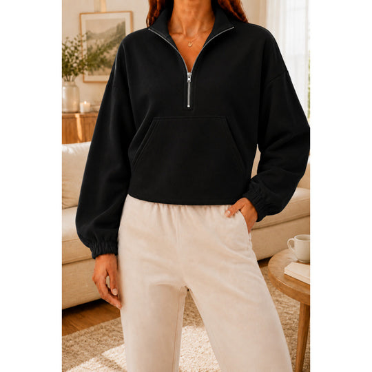 Damen Kurz geschnittener Sweatshirt-Pullover mit halbem Reißverschluss und Kängurutasche Shop Nory