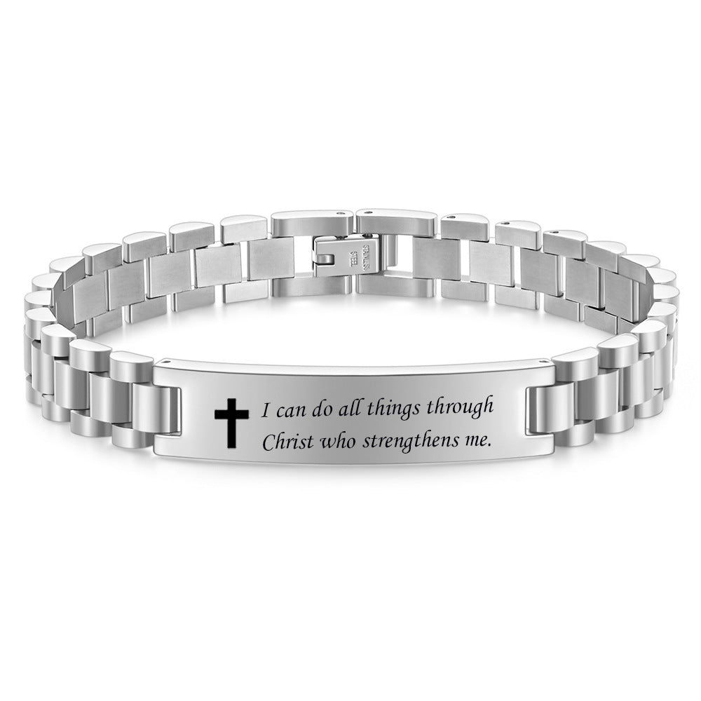 Damen Armband mit gravierbarem Abschieds-Spruch und edlem Kirchen-Kreuz Shop Nory