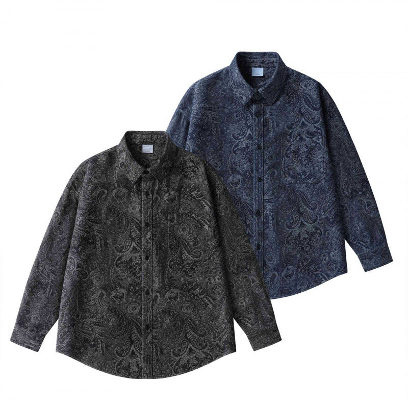 Unisex Oversize Hemdjacke mit Paisley‑Jacquard, durchgehender Knopfleiste und Brusttasche Shop Nory