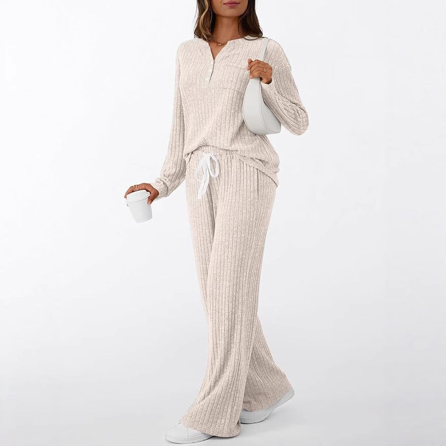 Damen Rippstrick-Lounge-Set mit Knopfleiste und weitem Kordelbund-Hose Shop Nory