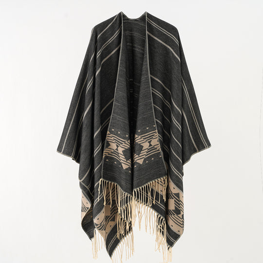 Damen Wollmix-Ruana im grafischen Ethno-Jacquard mit Fransensaum Shop Nory