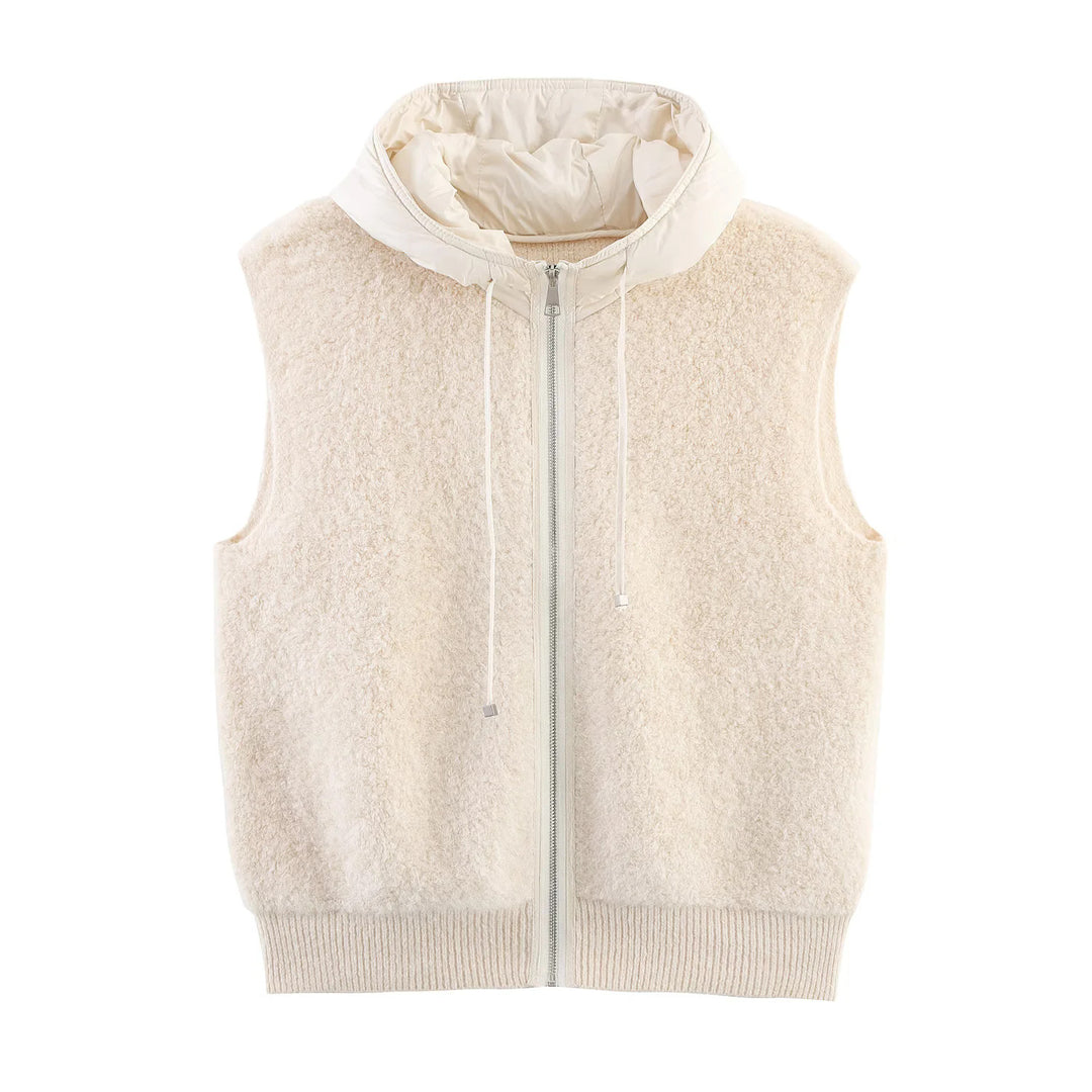 Damen Ärmellose Bouclé-Weste mit Reißverschluss, wattierter Kapuze und Rippbund Shop Nory