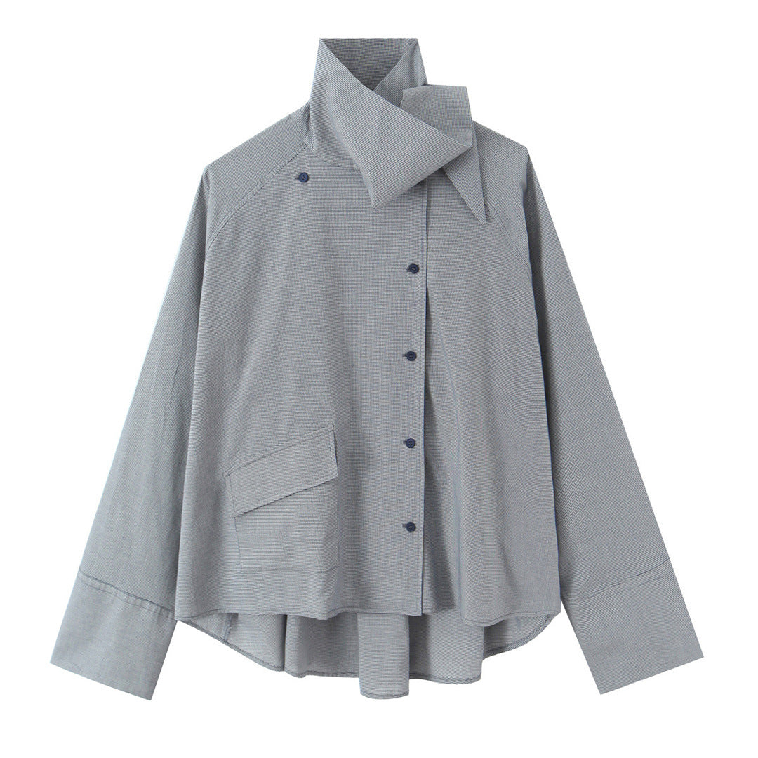 Damen Oversize-Bluse mit hohem Schalkragen und asymmetrischer Knopfleiste Shop Nory