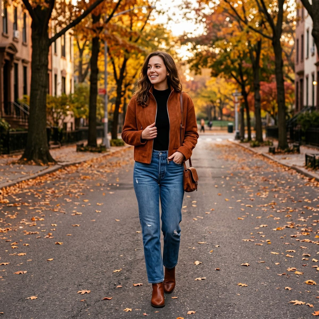 Damen Kurzjacke im Boxy-Cropped-Schnitt aus Velourslederoptik mit Stehkragen und Metallreißverschlüssen Shop Nory