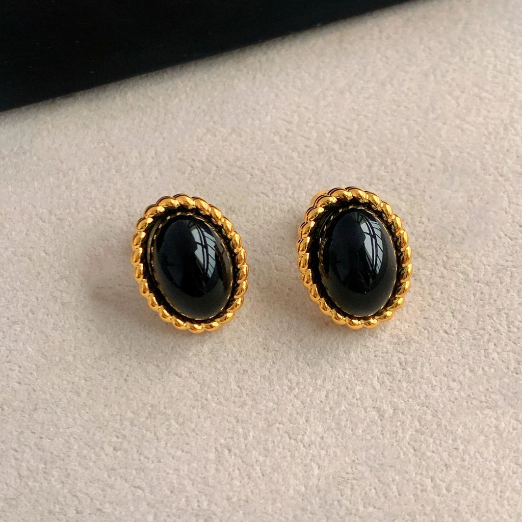 Damen Elegante Ovale Schwarze Stein Ohrstecker Shop Nory