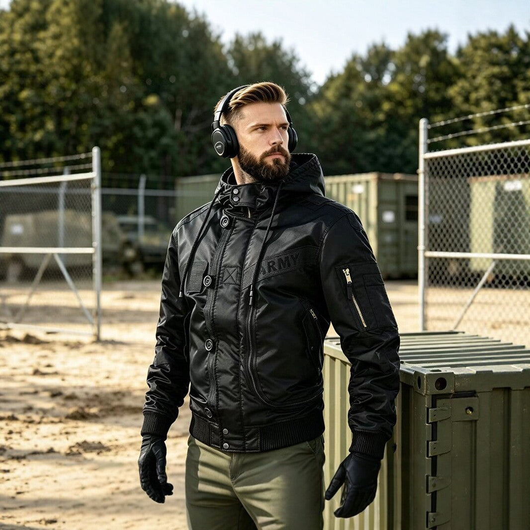 Herren Militärinspirierte Kapuzen-Bomberjacke mit Utility-Taschen Shop Nory