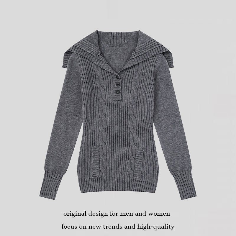 Damen Strickpullover mit Zopfmuster, Schalkragen und Knopfleiste Shop Nory