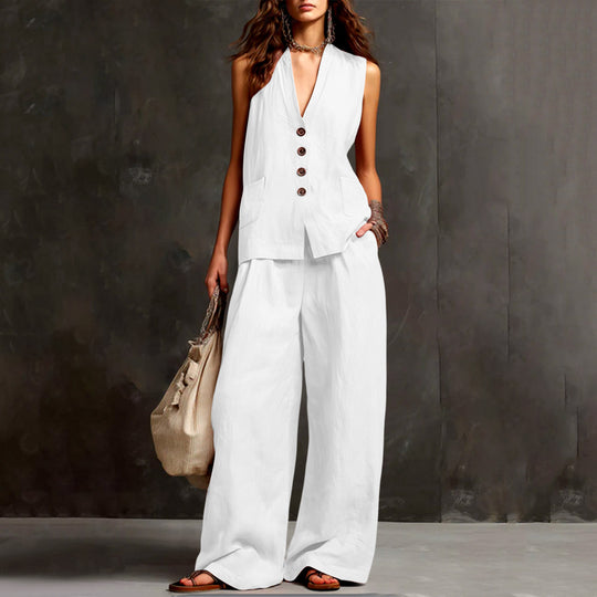 Damen Ärmelloses Longline-Westen und Palazzo-Hosen Set aus Leinenoptik Shop Nory