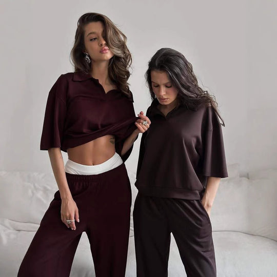 Damen Loungewear-Set mit offenem Polokragen und weiter Komforthose Shop Nory