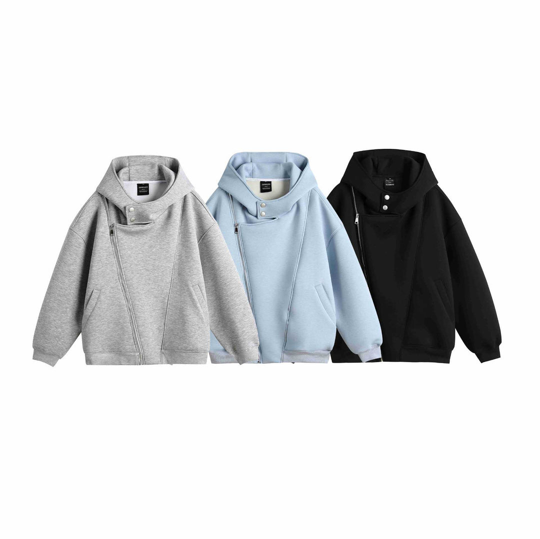 Unisex Oversize Kapuzen‑Zipjacke mit asymmetrischem Reißverschluss und hohem Funnelkragen Shop Nory