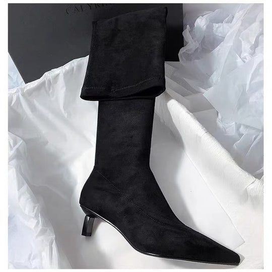 Damen Kniestiefel mit Umschlagschaft, spitzer Zehenform und Kitten‑Absatz Shop Nory