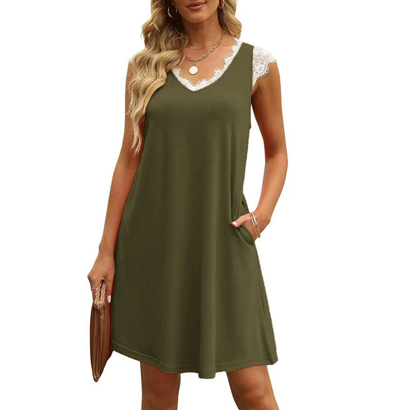 Damen ärmelloses Kleid mit Spitzendetail und seitlichen Taschen Shopnory