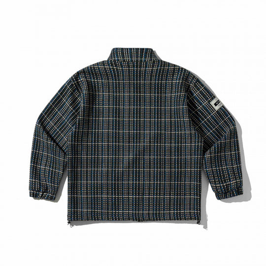 Unisex Kastenförmige karierte Fleece-Übergangsjacke mit Reißverschluss, Stehkragen und Zipp-Taschen Shop Nory