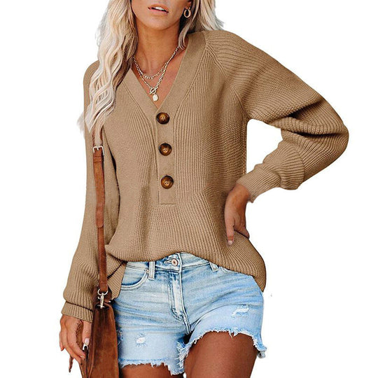 Damen Gerippter Strickpullover mit V‑Ausschnitt, Zierknopfleiste und Ballonärmeln Shop Nory
