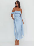 Damen Abendkleid mit schulterfreiem Design und fließendem SatinShopnory