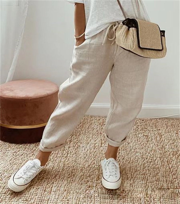 Damen Lässige Leinen-Joggerhose mit hohem Bund, Tunnelzug und gekrempeltem Saum Shop Nory