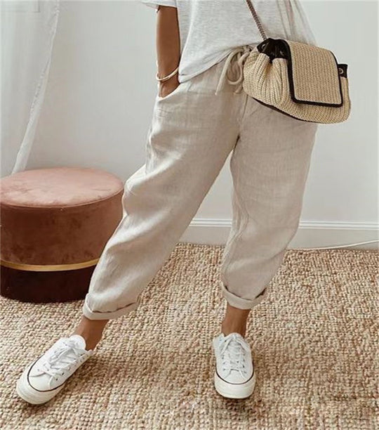 Damen Lässige Leinen-Joggerhose mit hohem Bund, Tunnelzug und gekrempeltem Saum Shop Nory